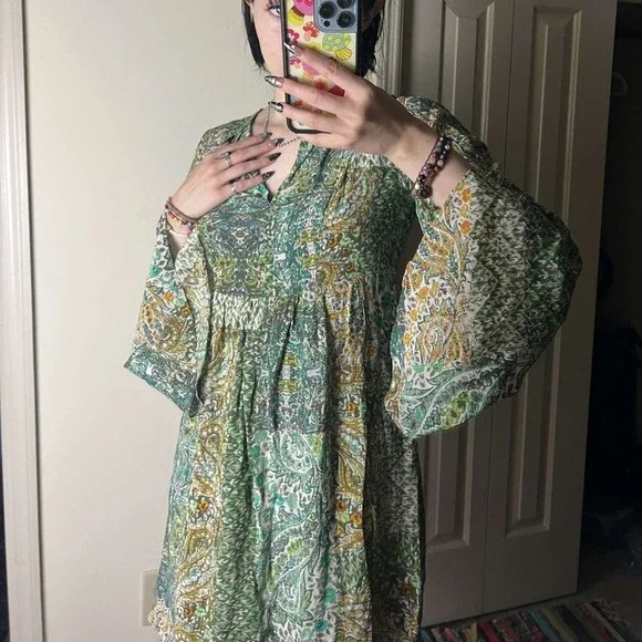 Anthropologie Floreat Amelia Green Paisley Bell Long Sleeve Mini Dress Size 0 - Picture 3 of 9